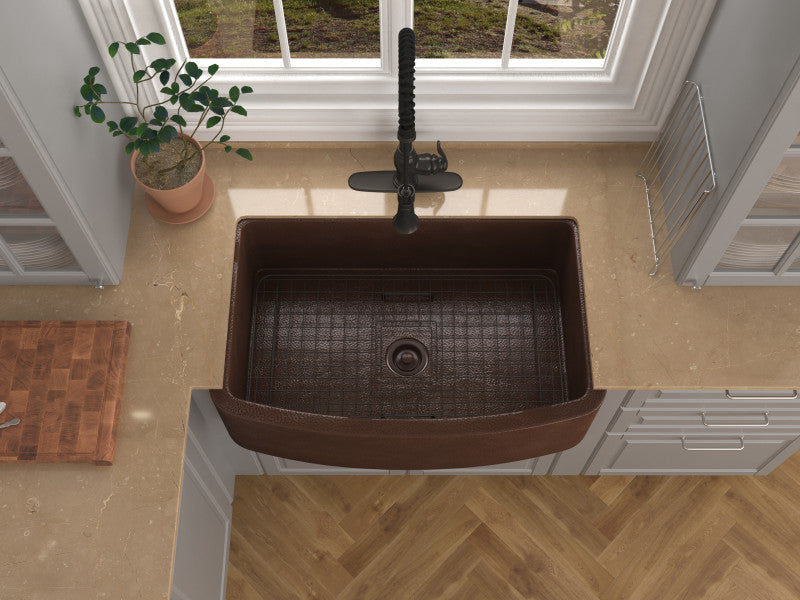 Pieria Farmhouse Handmade Copper 33 in. 0-Hole Single Bowl Kitchen Sink in Hammered Antique Copper
