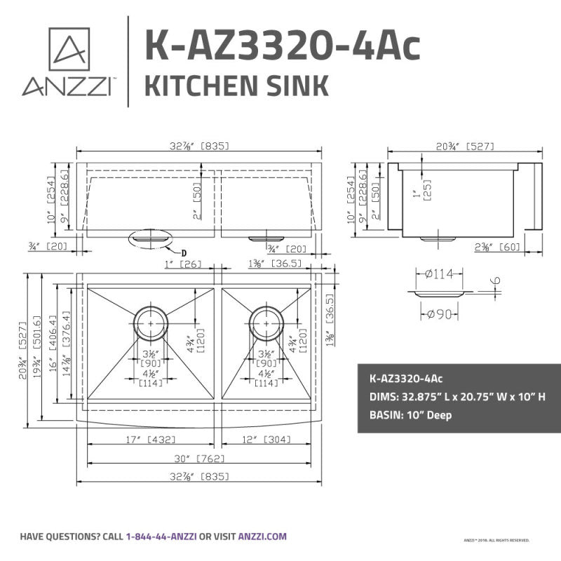 Aegis Farmhouse Stainless Steel 33 in. 0-Hole 60/40 Double Bowl Kitchen Sink with Cutting Board and Colander