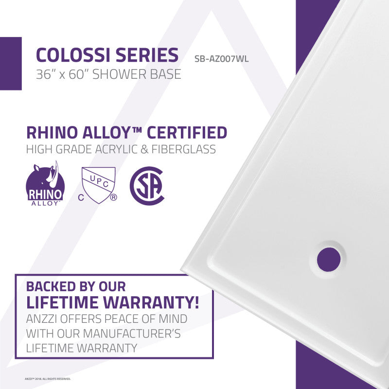 Colossi Base Series 60 in. L x 36 in. W Alcove Shower Shower Pan Base with Left Drain in Glossy White Marine Acrylic