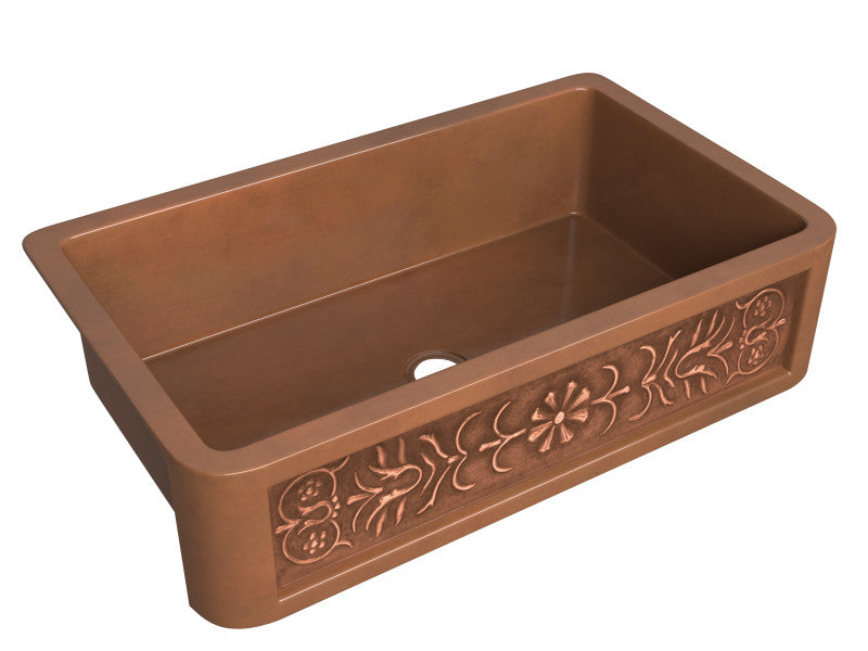 Thracian Farmhouse Handmade Copper 36 in. 0-Hole Single Bowl Kitchen Sink with Flower Design Panel in Polished Antique Copper