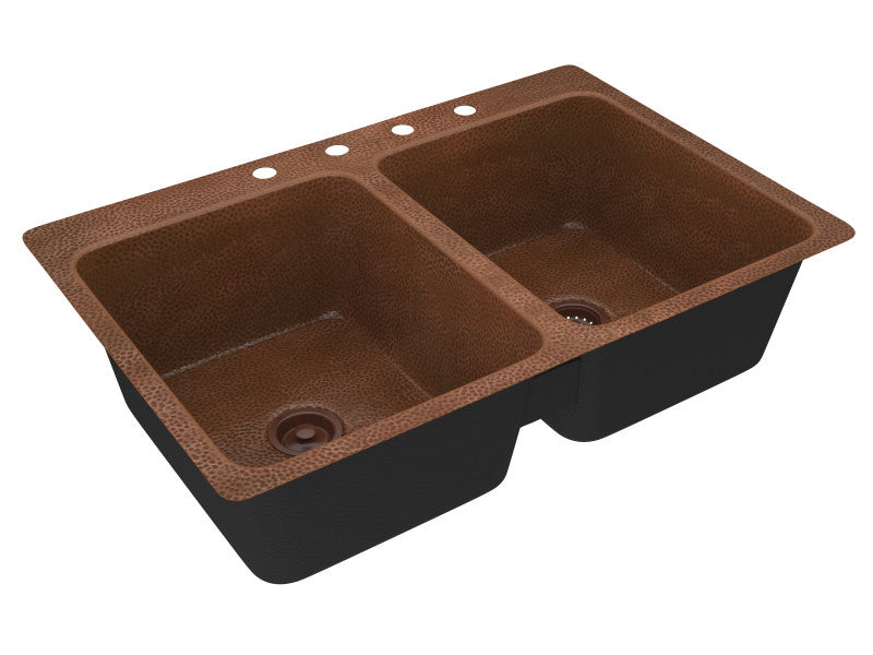 Elen Drop-in Handmade Copper 33 in. 4-Hole 50/50 Double Bowl Kitchen Sink in Hammered Antique Copper