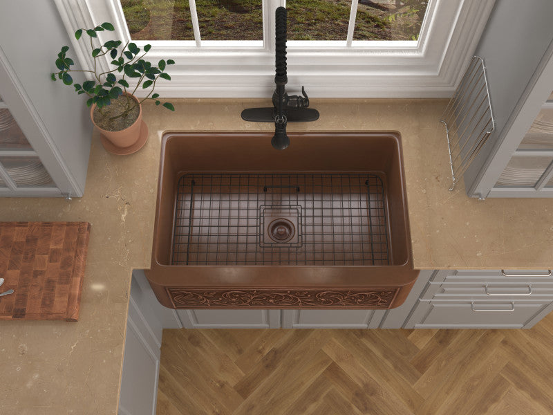 Tripolis Farmhouse Handmade Copper 33 in. 0-Hole Single Bowl Kitchen Sink with Floral Design Panel in Polished Antique Copper
