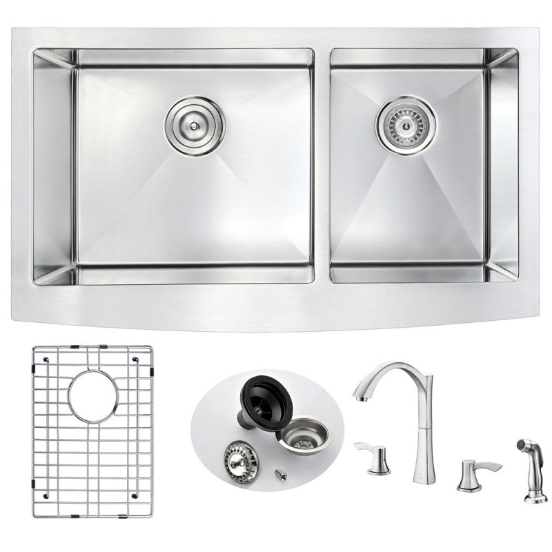 ELYSIAN Farmhouse Stainless Steel 33 in. Double Bowl Kitchen Sink and Faucet Set with Soave Faucet in Brushed Nickel