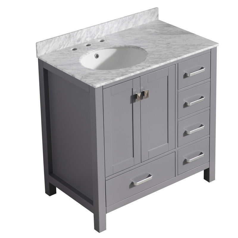 ANZZI Chateau Series 36 in. W x 35 in. H Bathroom Bath Vanity Set in Carrara White Marble Counter Top with White Basin in Rich Gray