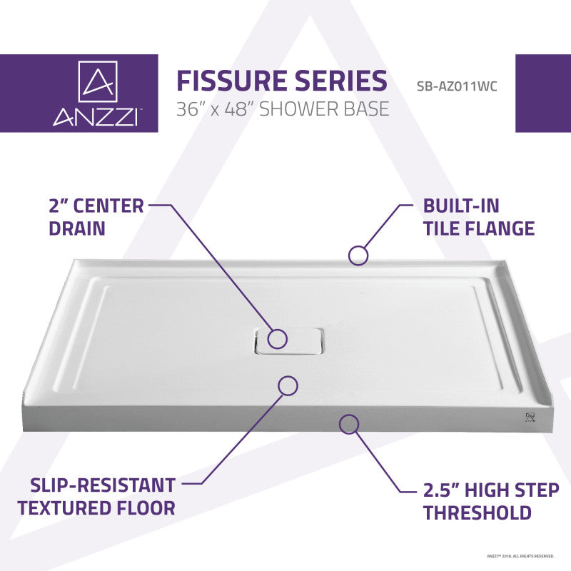Fissure Base Series 48 in. L x 36 in. W Alcove Shower Shower Pan Base with Center Drain in Glossy White Marine Acrylic