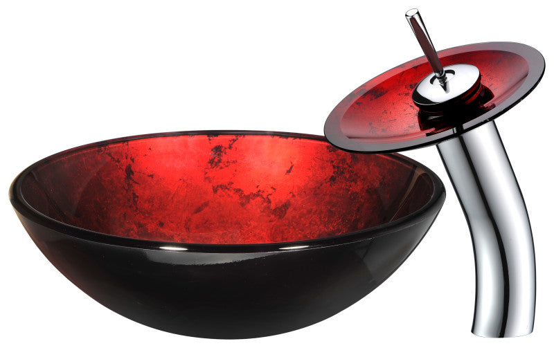 Marumba Deco-Glass Vessel Sink in Tempered Red and Black with Matching Chrome Waterfall Faucet