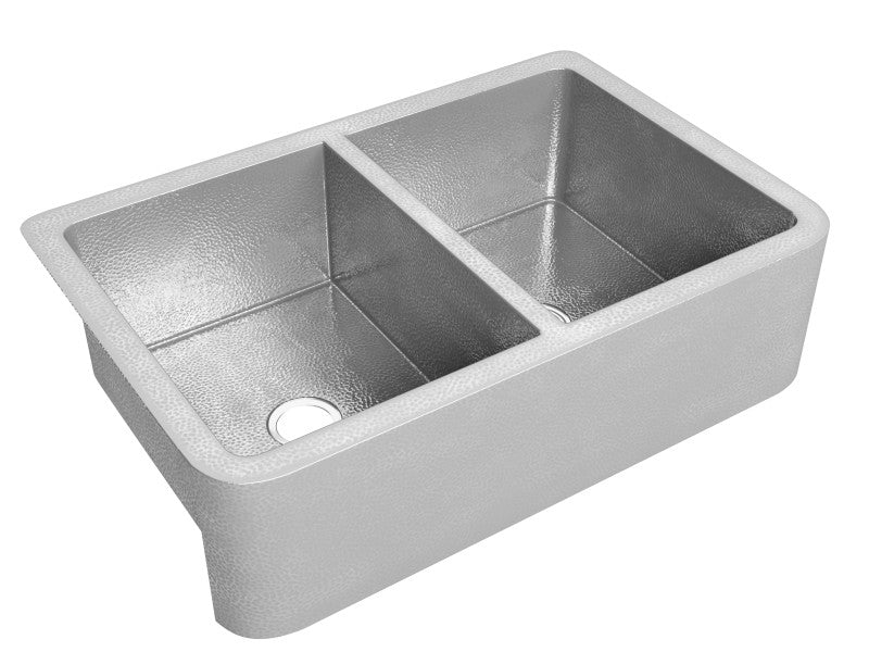 Bengal Farmhouse Handmade Copper 33 in. 50/50 Double Bowl Kitchen Sink in Hammered Nickel