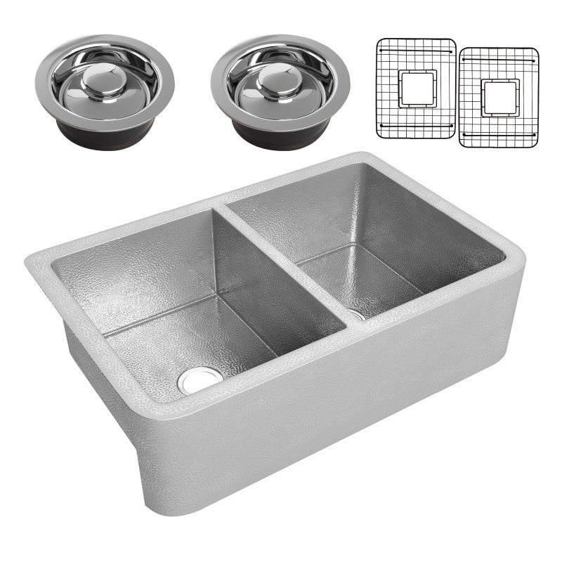 Bengal Farmhouse Handmade Copper 33 in. 50/50 Double Bowl Kitchen Sink in Hammered Nickel