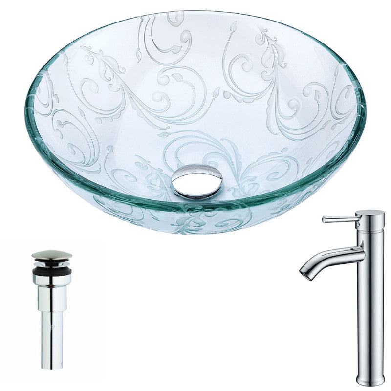 Vieno Series Deco-Glass Vessel Sink in Crystal Clear Floral with Fann Faucet in Chrome