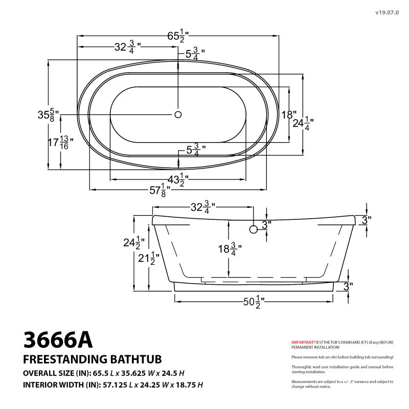Atlantis Whirlpools Allure 36 x 66 Freestanding Tub with Center Drain