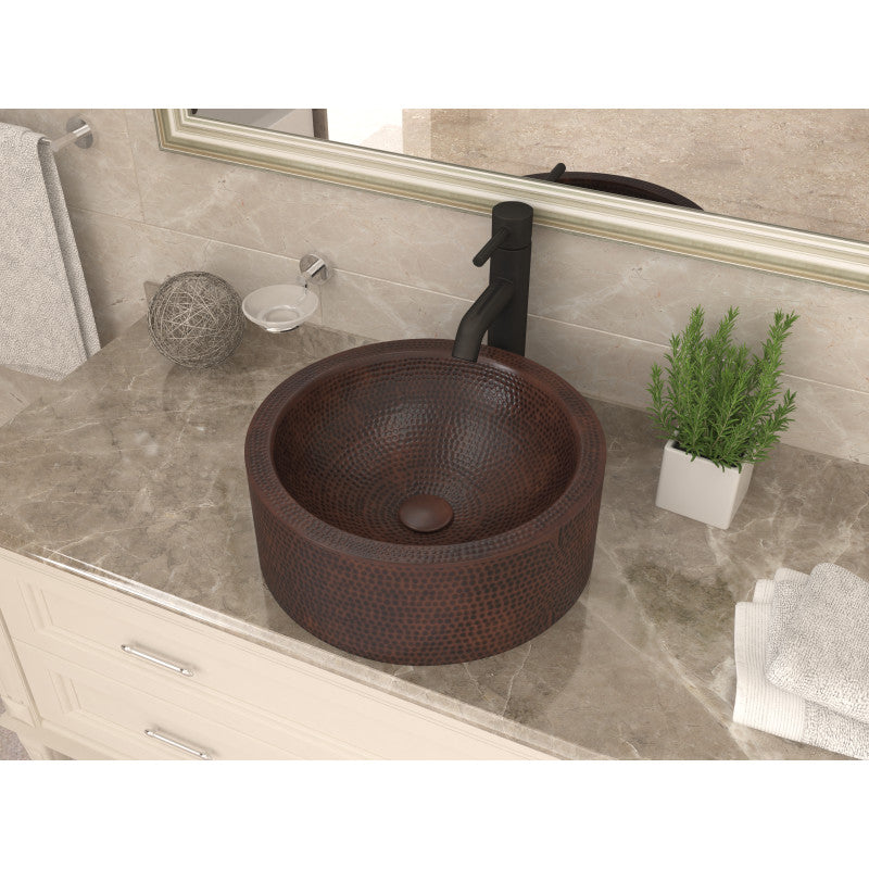 Triens Series 16 in. L x 16. W Handcrafted Round Bathroom Vessel Sink with Center Push Drain in Hammered Antique Copper