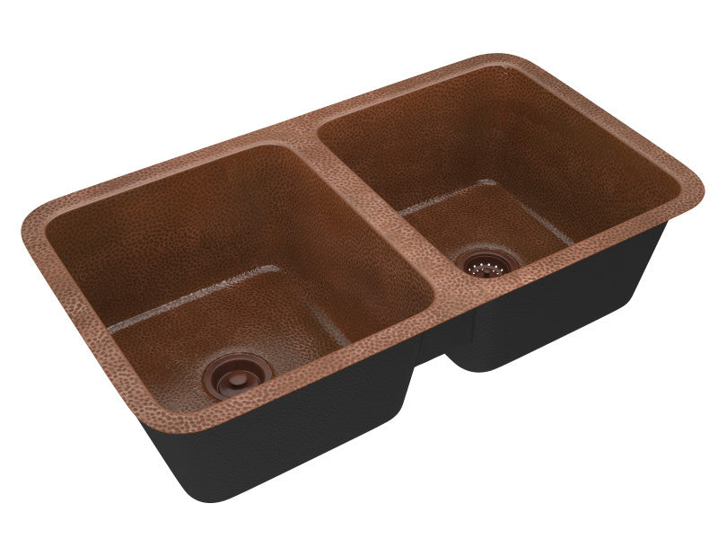 Eastern Drop-in Handmade Copper 32 in. 0-Hole 50/50 Double Bowl Kitchen Sink in Hammered Antique Copper