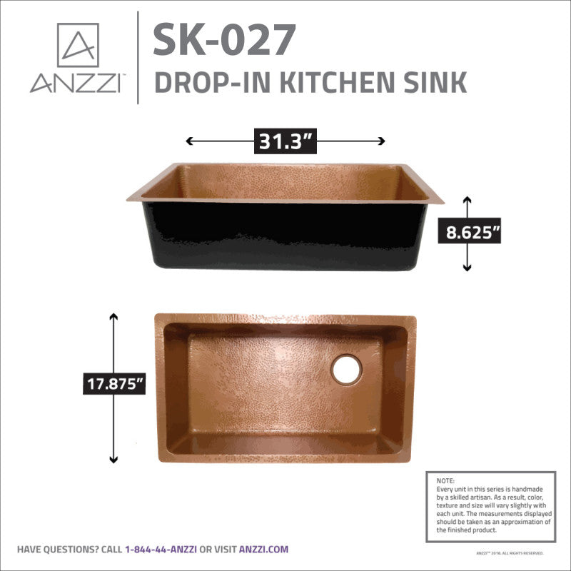 Byzantine Drop-in Handmade Copper 31 in. 0-Hole Single Bowl Kitchen Sink in Hammered Antique Copper