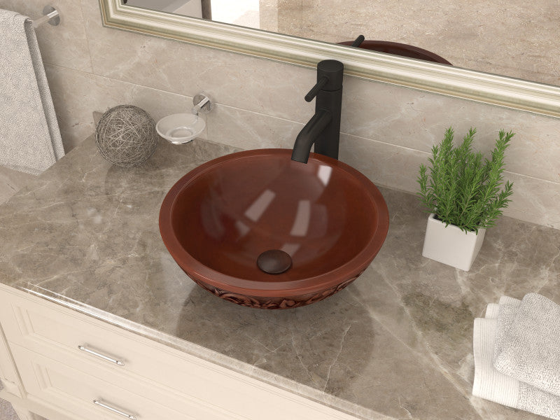 Theban 16 in. Handmade Vessel Sink in Polished Antique Copper with Floral Design Exterior
