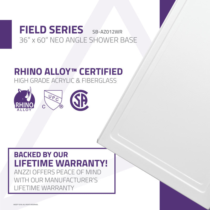 Field Base Series 36 in. L x 60 in. W Corner Shower Shower Pan Base with Left Drain in Glossy White Marine Acrylic