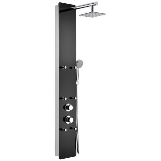 Melody 59 in. 6-Jetted Shower Panel with Heavy Rain Shower and Spray Wand in Black Deco-Glass