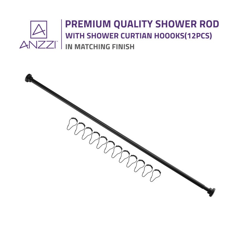 ANZZI 48-88 Inches Shower Curtain Rod with Shower Hooks in Matt Black | Adjustable Tension Shower Doorway Curtain Rod | Rust Resistant No Drilling Anti-Slip Bar for Bathroom | AC-AZSR88MB