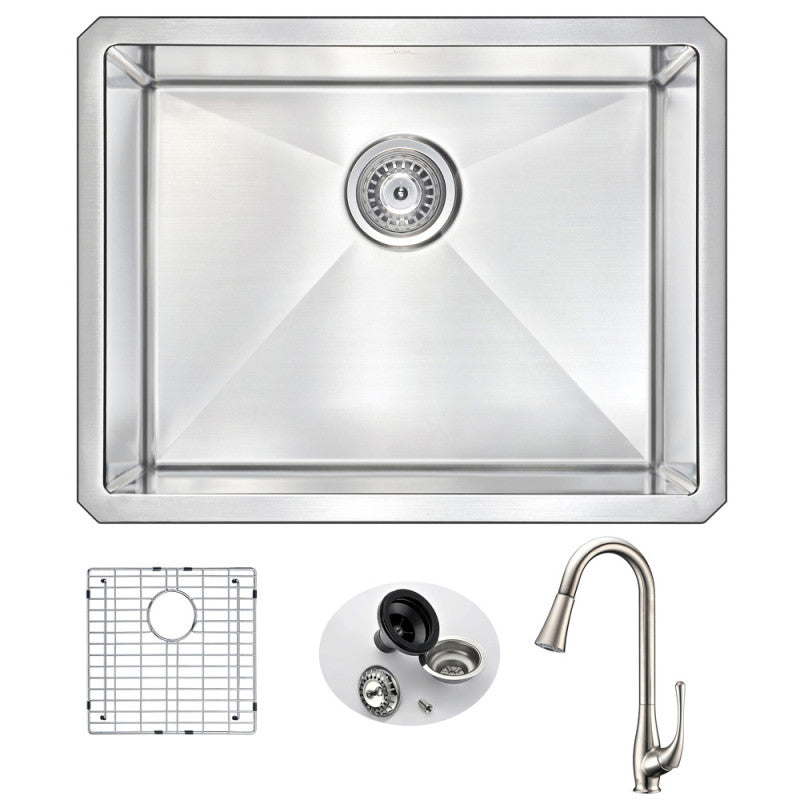 VANGUARD Undermount Stainless Steel 23 in. Single Bowl Kitchen Sink and Faucet Set with Singer Faucet in Brushed Nickel