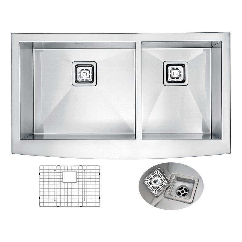 Elysian Farmhouse Stainless Steel 33 in. 0-Hole 60/40 Double Bowl Kitchen Sink in Brushed Satin