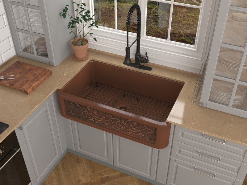 Mytilene Farmhouse Handmade Copper 36 in. 0-Hole Single Bowl Kitchen Sink with Floral Design Panel in Polished Antique Copper