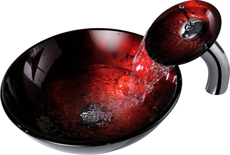 Marumba Deco-Glass Vessel Sink in Tempered Red and Black with Matching Chrome Waterfall Faucet
