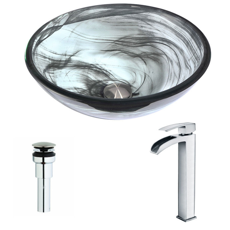 LSAZ054-097 - Mezzo Series 17 in. Bathroom Vessel Sink in Slumber Wisp Finish Tempered Glass with Key Faucet in Polished Chrome