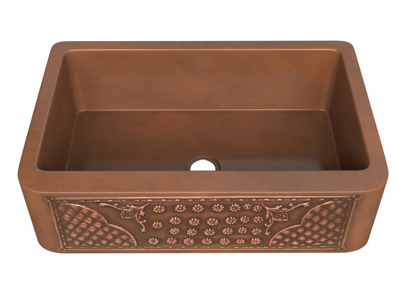 Macedonian Farmhouse Handmade Copper 33 in. 0-Hole Single Bowl Kitchen Sink with Flower Bed Design Panel in Polished Antique Copper