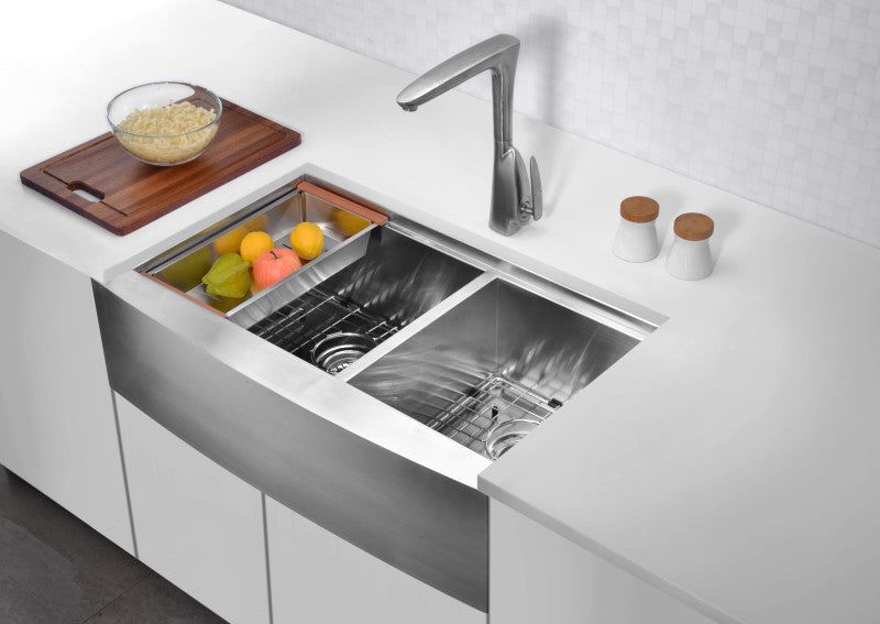 Aegis Farmhouse Stainless Steel 33 in. 0-Hole 60/40 Double Bowl Kitchen Sink with Cutting Board and Colander