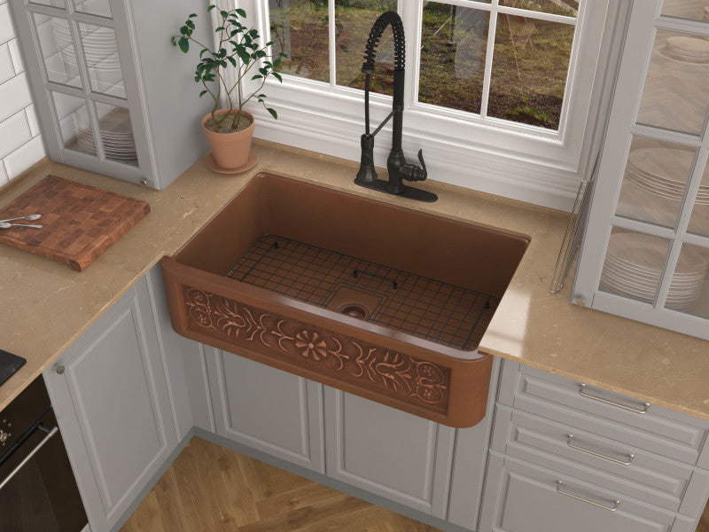 Thracian Farmhouse Handmade Copper 36 in. 0-Hole Single Bowl Kitchen Sink with Flower Design Panel in Polished Antique Copper