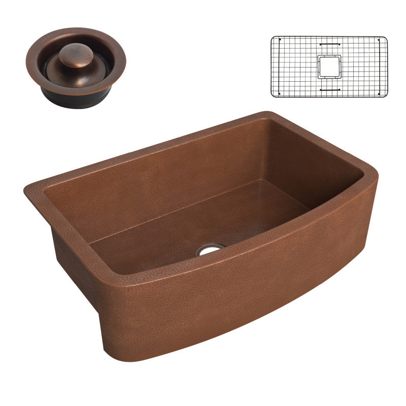 Pieria Farmhouse Handmade Copper 33 in. 0-Hole Single Bowl Kitchen Sink in Hammered Antique Copper
