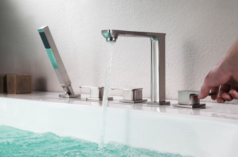 Shore 3-Handle Deck-Mount Roman Tub Faucet with Handheld Sprayer in Brushed Nickel