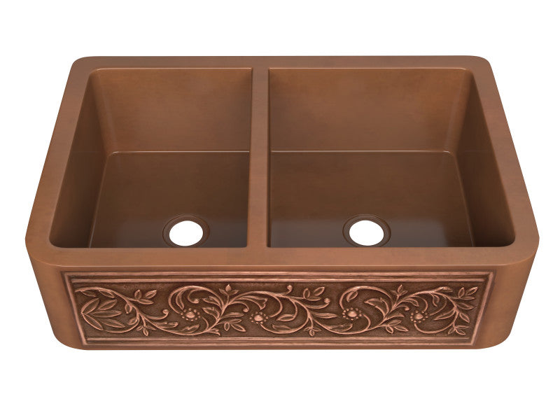 Moesia Farmhouse Handmade Copper 33 in. 60/40 Double Bowl Kitchen Sink with Floral Design in Polished Antique Copper