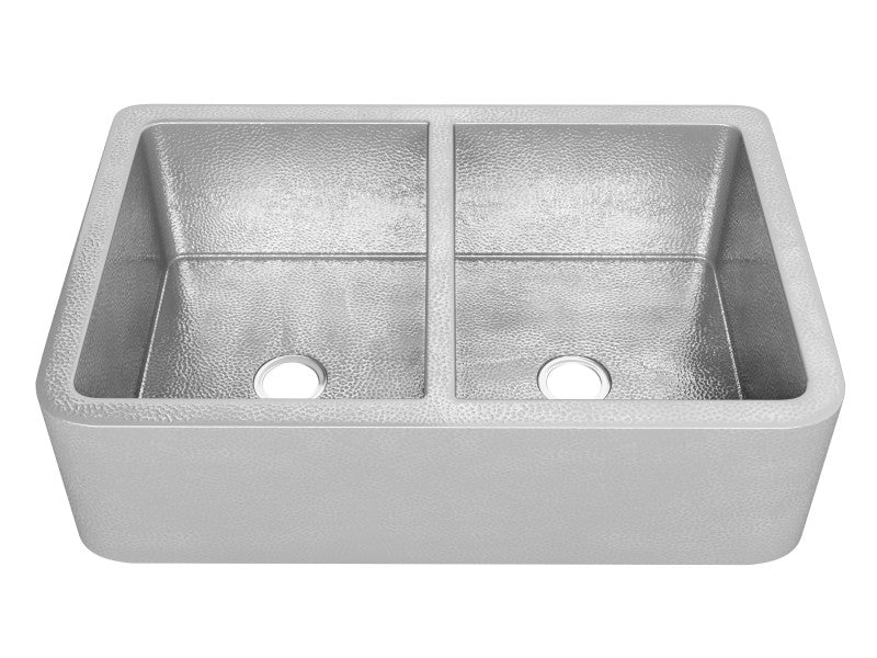 Bengal Farmhouse Handmade Copper 33 in. 50/50 Double Bowl Kitchen Sink in Hammered Nickel