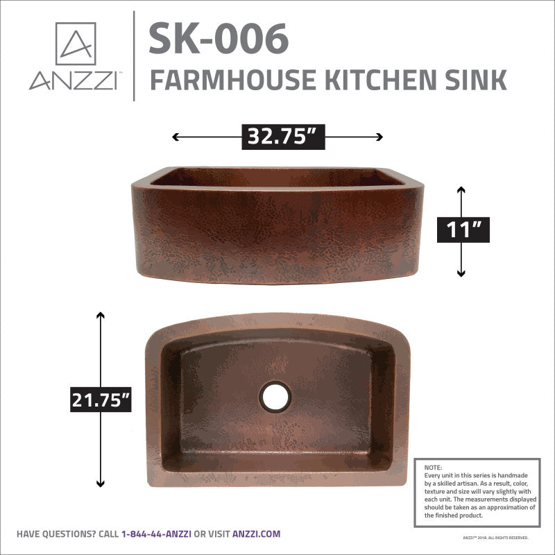 Pieria Farmhouse Handmade Copper 33 in. 0-Hole Single Bowl Kitchen Sink in Hammered Antique Copper