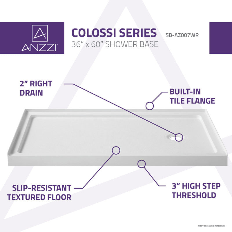 Colossi Base Series 36 in. L x 60 in. W Alcove Shower Shower Pan Base with Right Drain in Glossy White Marine Acrylic