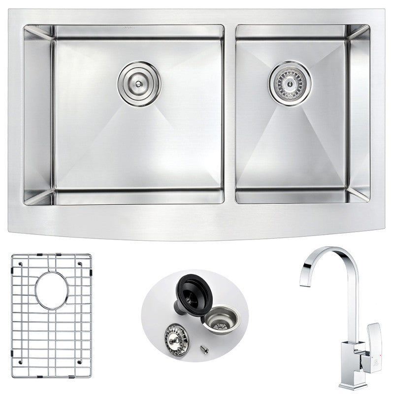 Elysian Series 19 in. Farmhouse Double Bowl 18 Gauge Brushed Satin Finish Steel Kitchen Sink with Drain Included