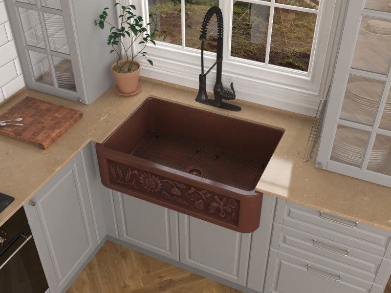 Anatolian Farmhouse Handmade Copper 33 in. 0-Hole Single Bowl Kitchen Sink with Sunflower Design Panel in Polished Antique Copper