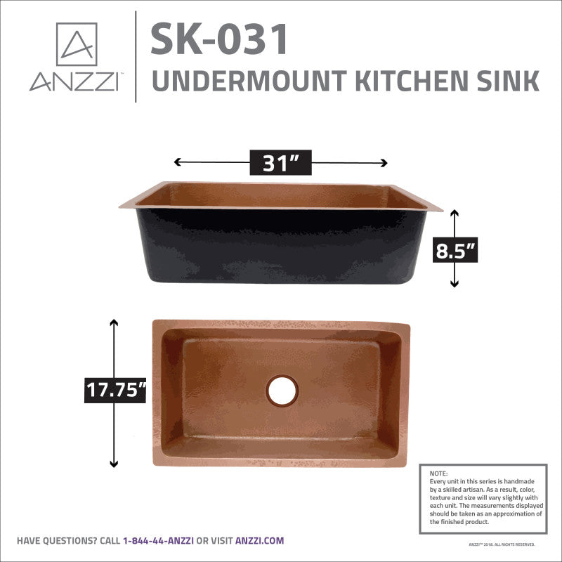 Gilbert Drop-in Handmade Copper 31 in. 0-Hole Single Bowl Kitchen Sink in Hammered Antique Copper