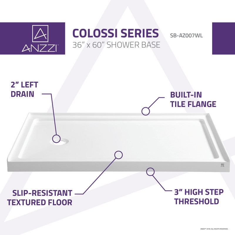 Colossi Base Series 60 in. L x 36 in. W Alcove Shower Shower Pan Base with Left Drain in Glossy White Marine Acrylic