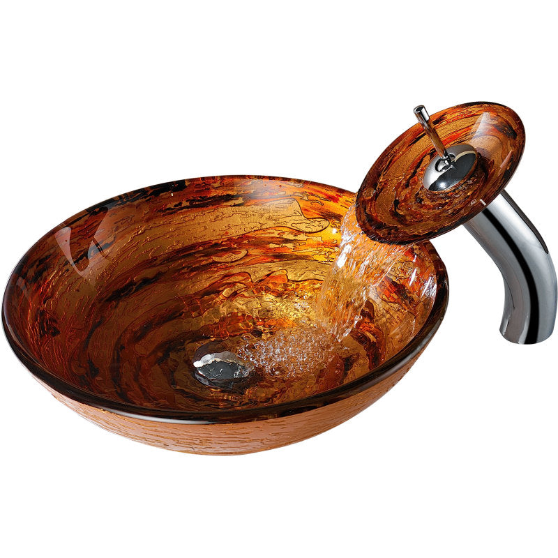 Komaru Series Vessel Sink in Brown with Pop-Up Drain and Matching Faucet in Lustrous Brown