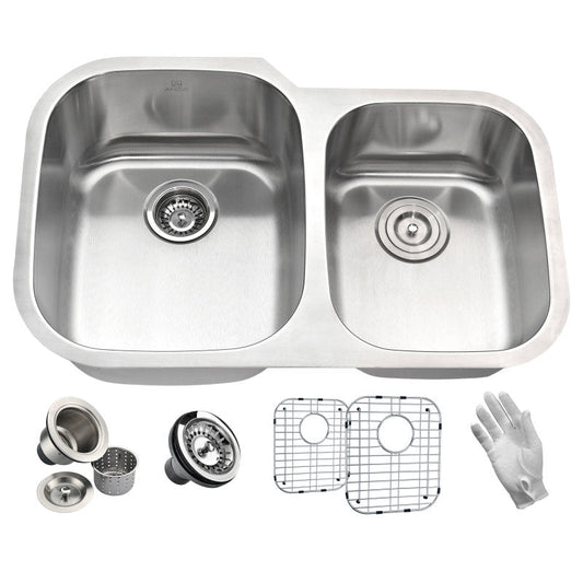 Moore Series 15.75 in. Undermount Double Bowl 16 Gauge Brushed Satin Finish Stainless Steel Kitchen Sink with Drain