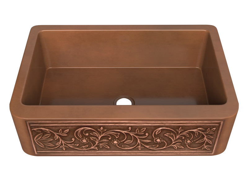 Tripolis Farmhouse Handmade Copper 33 in. 0-Hole Single Bowl Kitchen Sink with Floral Design Panel in Polished Antique Copper