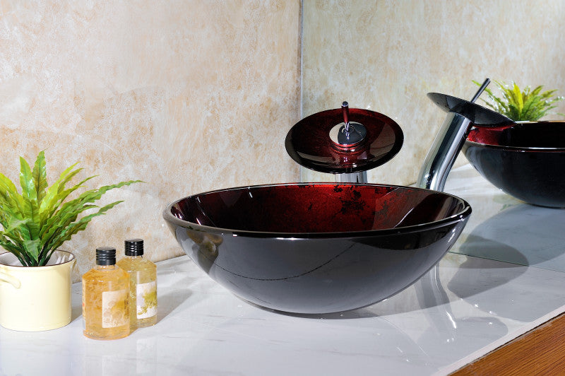 Marumba Deco-Glass Vessel Sink in Tempered Red and Black with Matching Chrome Waterfall Faucet