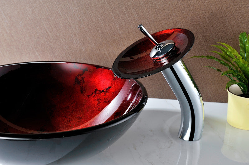 Marumba Deco-Glass Vessel Sink in Tempered Red and Black with Matching Chrome Waterfall Faucet