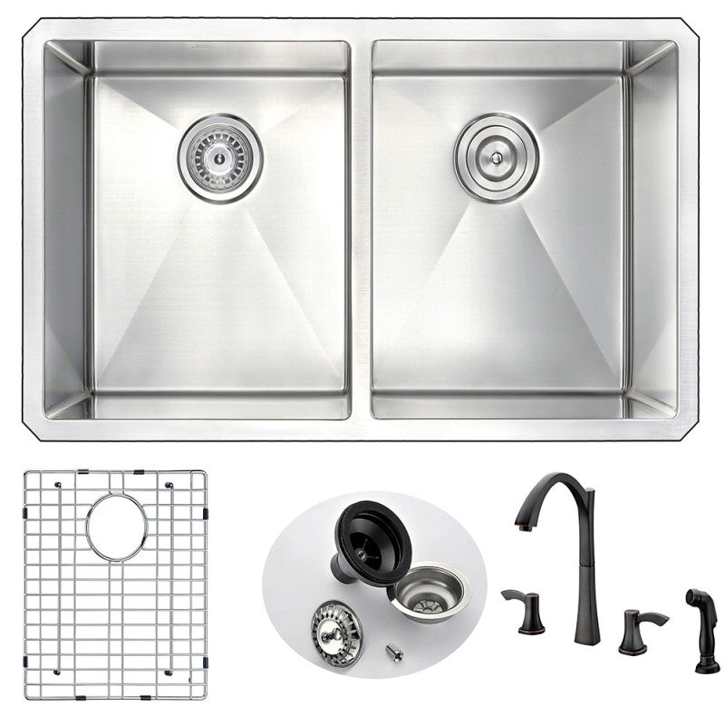 VANGUARD Undermount 32 in. Double Bowl Kitchen Sink with Soave Faucet in Oil Bronze