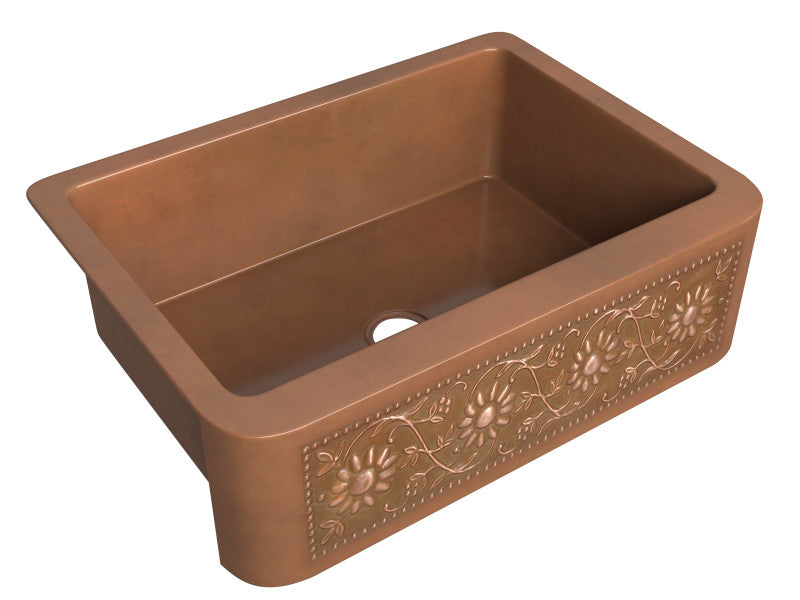 Cilicia Farmhouse Handmade Copper 30 in. 0-Hole Single Bowl Kitchen Sink with Daisy Design Panel in Polished Antique Copper