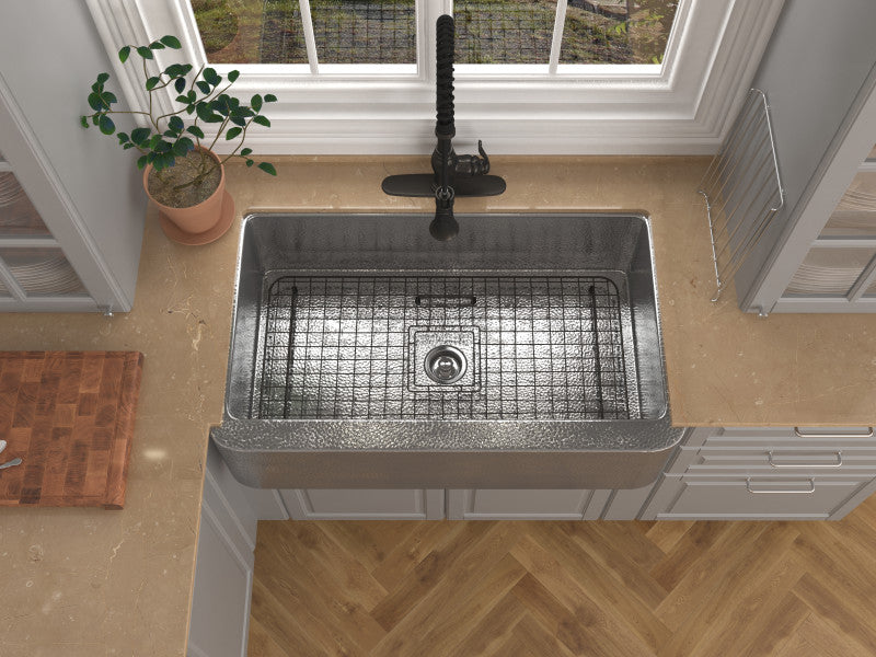 Parthia Farmhouse Handmade Copper 36 in. 0-Hole Single Bowl Kitchen Sink in Hammered Nickel