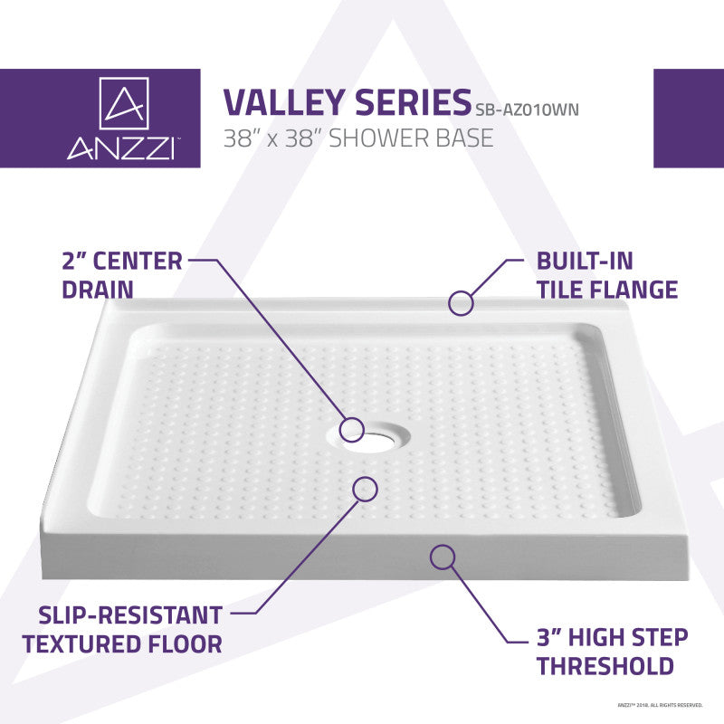 Valley Base Series 38 in. L x 38 in. W Corner Shower Shower Pan Base with Center Drain in Glossy White Marine Acrylic