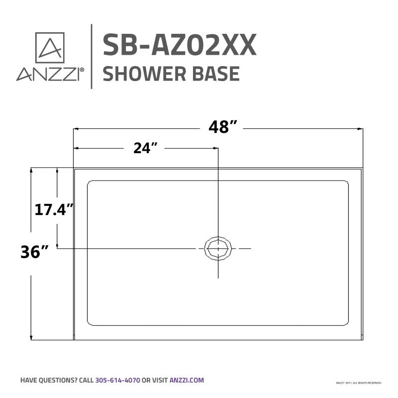 Reach Base Series 36 in. L x 48 in. W Alcove Shower Shower Pan Base with Center Drain in Glossy White Marine Acrylic
