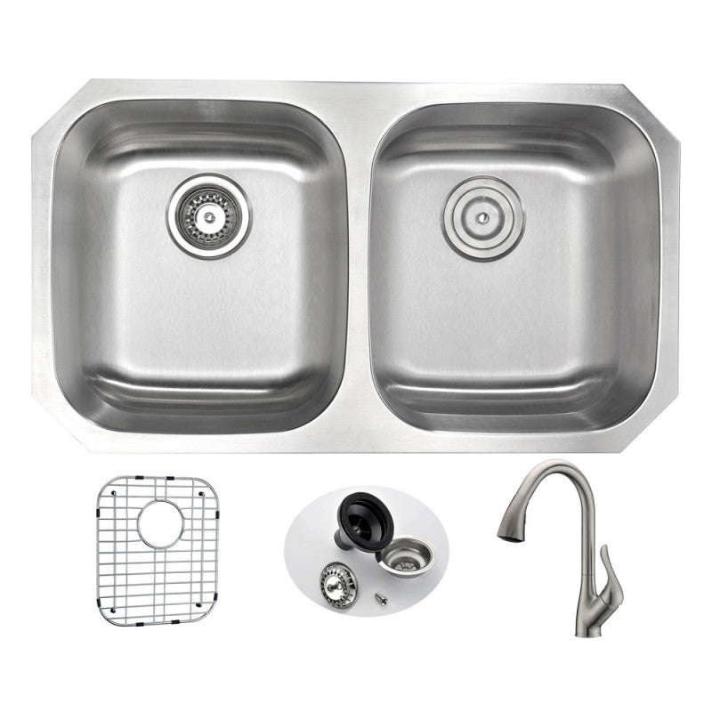 MOORE Undermount 32 in. Double Bowl Kitchen Sink with Accent Faucet in Brushed Nickel